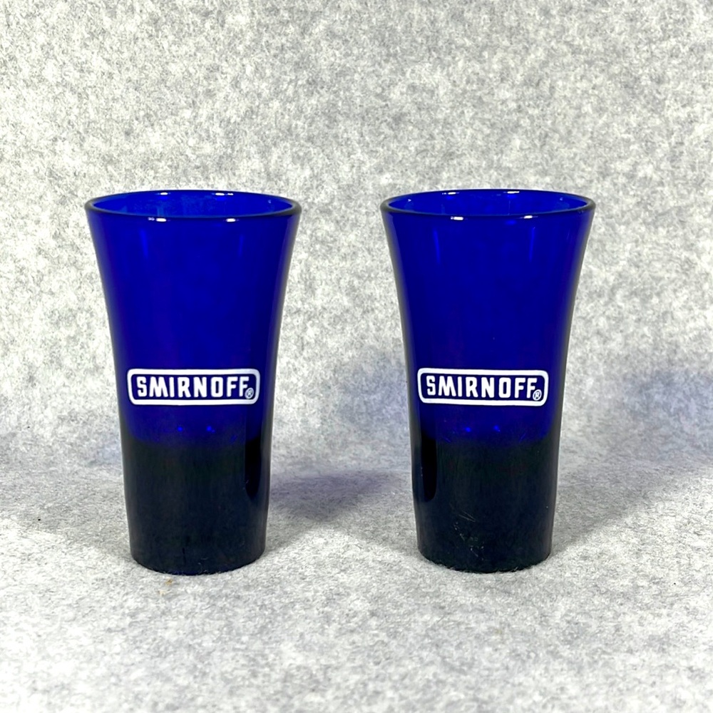 Vintage Smirnoff Cobalt Blue‎ 3.5” Shot Glasses Set of 2 Bar Ware Men’s Cave